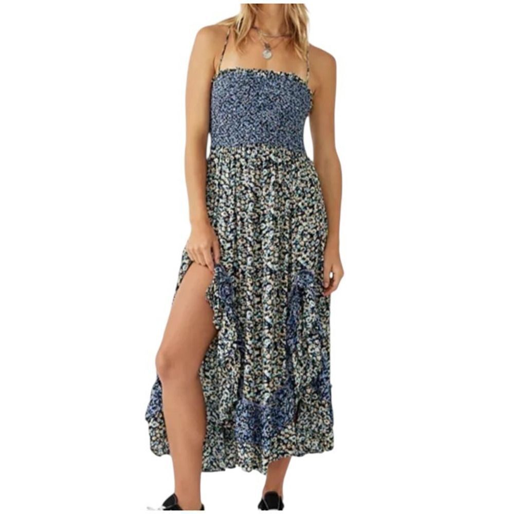Free People One I Love Dress Denim Combo S Midi Ditsy Floral Blue Smocked Boho